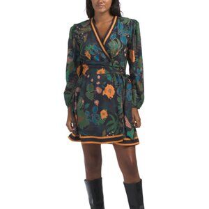 NEW CELINA MOON Long Sleeve Floral Print Wrap Style Mini Dress 100%viscose 563m